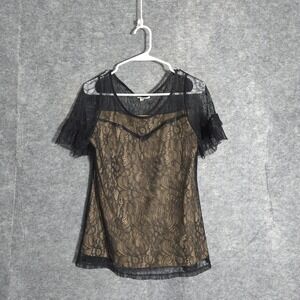 Kaily K Lace Blouse Women OS Black Tan Ruffle Sleeve Floral Sheer Yoke Romantic